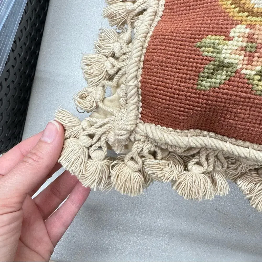 Large Rose Embroidered Tapestry Accent Pillow Tan Pink Tassels Boho Grandma Core